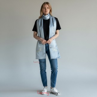 Khăn lụa 2 mặt xanh ghi thêu cỏ dại 25*200 cm